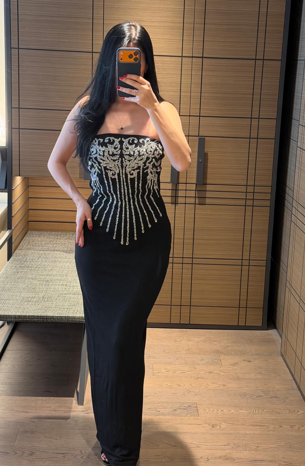 SIRT DEKOLTE TAŞ BASKİLİ ELBİSE