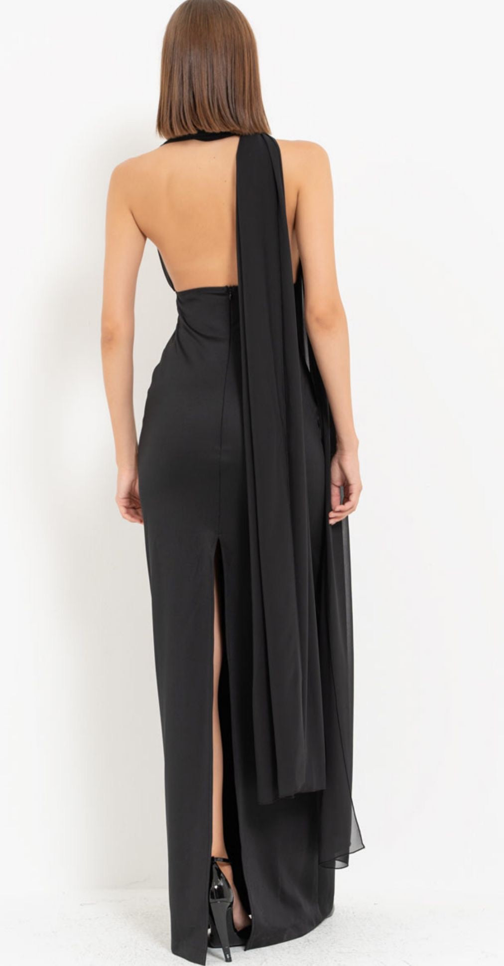 ROBA BAGLAMALİ YİRTMAÇLİ UZUN ELBİSE